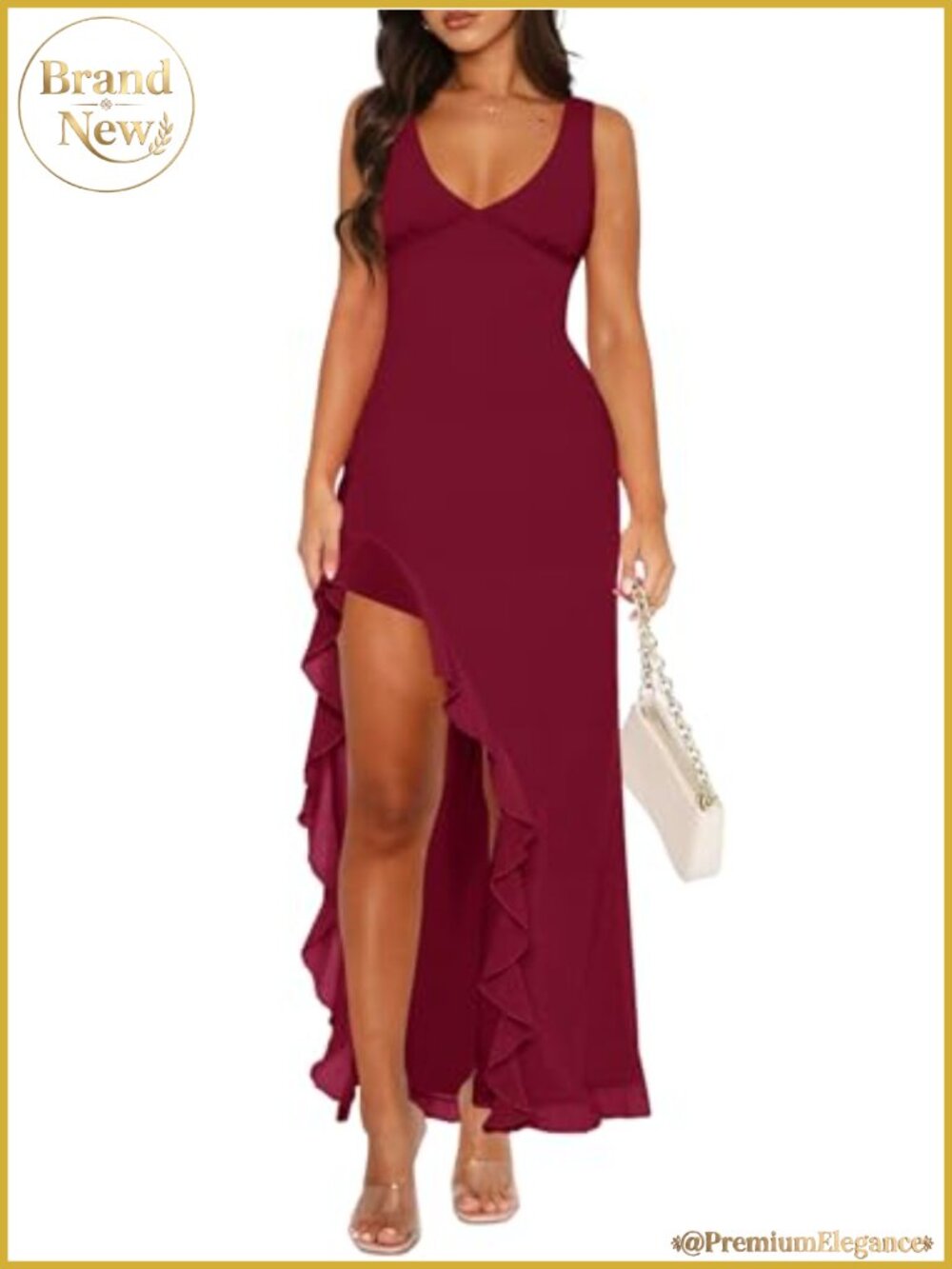 Women's Mesh Bodycon Maxi Dress Sleeveless V-Neck Ruffle Slit Formal